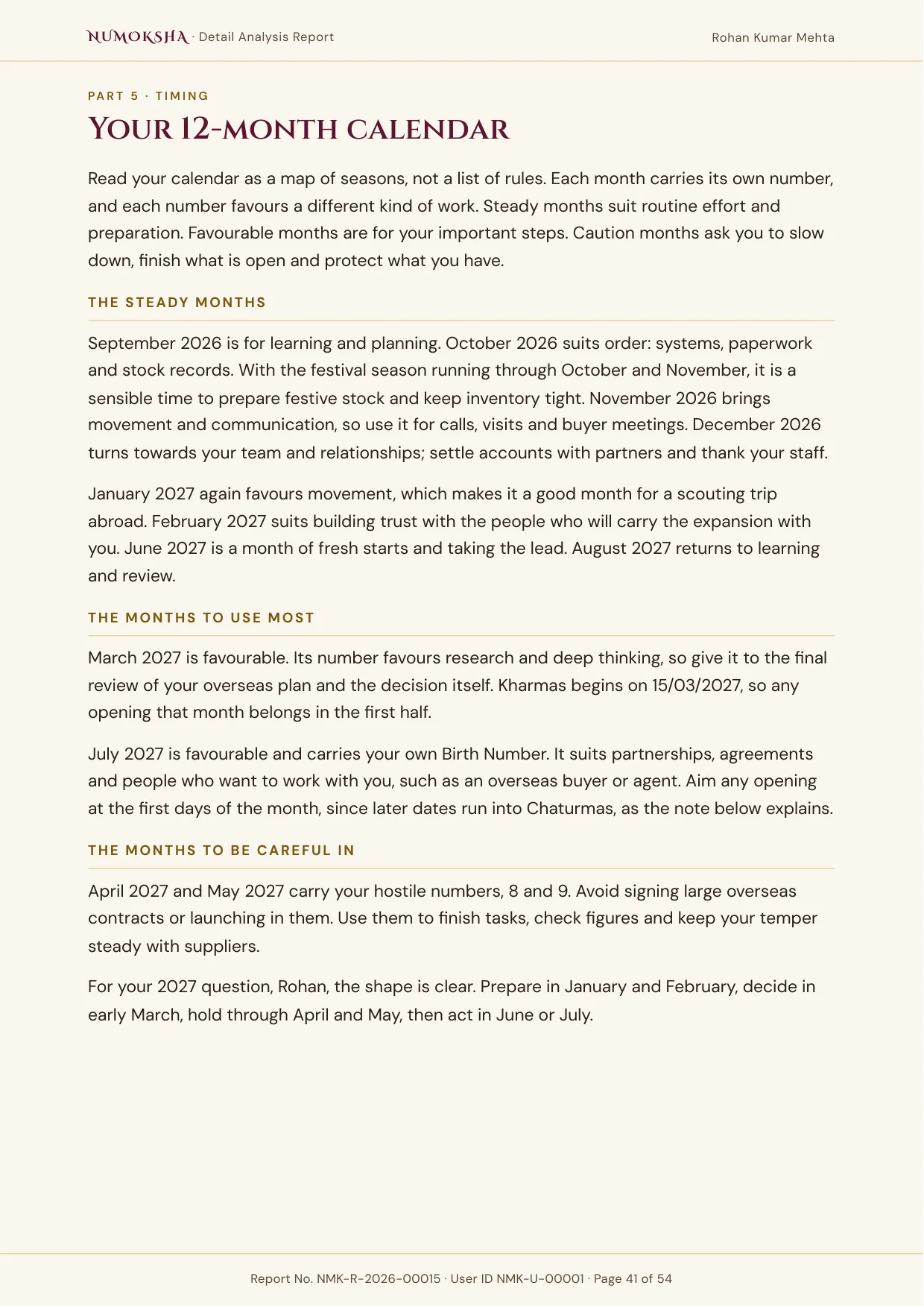 Sample report page: Your 12-Month Calendar